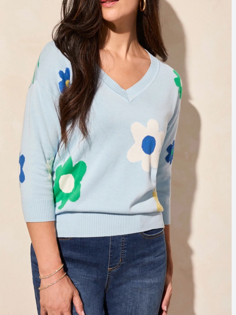 Tribal Light Blue V-Neck Sweater With Green, White & Blue Floral Motif